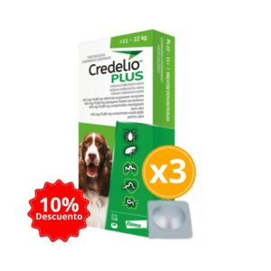 Credelio Plus 11 A 22kg (24.2 A 48.5 Lbs) Antigarrapatas, Antipulgas Y Antiparasitario Interno para Perros 3 Tabletas